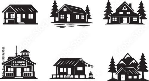 Camp cabin and lodge silhouettes set forest cabin mountain hut ranger station black silhouette isolated on white