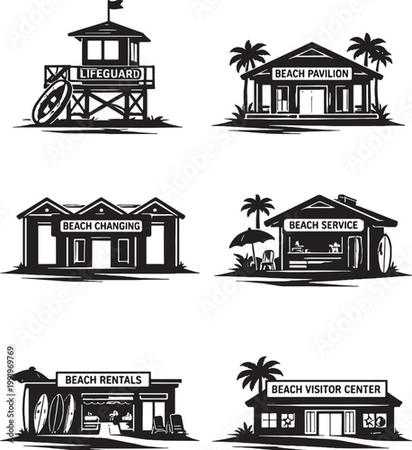 Beach Facilities Silhouette Set Lifeguard Station Pavilion Rental Shop Visitor Center Vector