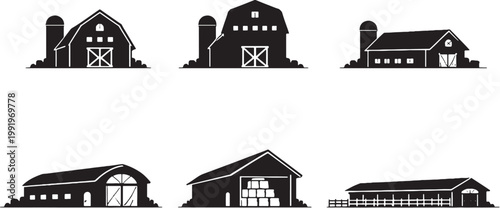 Barn building silhouettes bundle, farm agriculture architecture icons set, countryside barns hay storage livestock buildings black silhouette collection