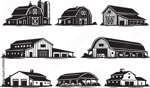 Barn Buildings Silhouette Set Farm Barn Wooden Rural Agriculture Vector Collection
