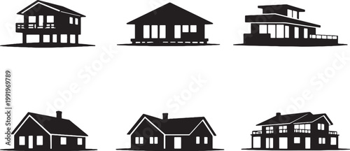 Beach house silhouette bundle, coastal house silhouettes set, seaside villa bungalow cabin icons, oceanfront residential buildings isolated on white