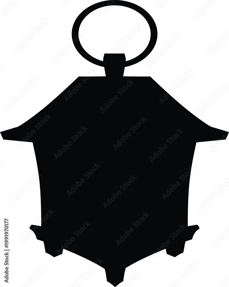 Fototapeta premium Vintage magic lantern vector black silhouette, antique hanging holder square shape, medieval kerosene lamp outline