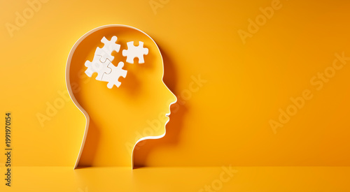 Conceptual artwork showing a 3D silhouette of a head with puzzle pieces, symbolizing mental activity, intelligence, or creativity - 3D illustration on yellow background