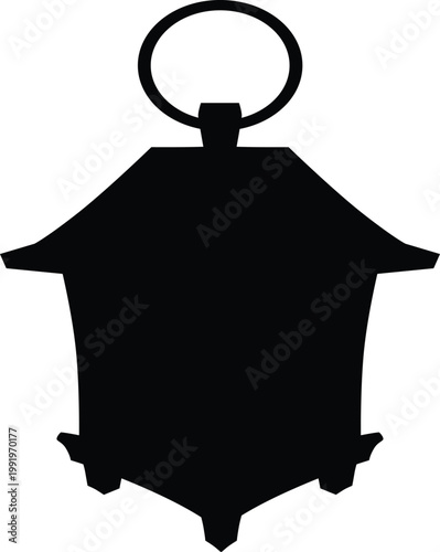 Vintage magic lantern vector black silhouette, antique hanging holder square shape, medieval kerosene lamp outline