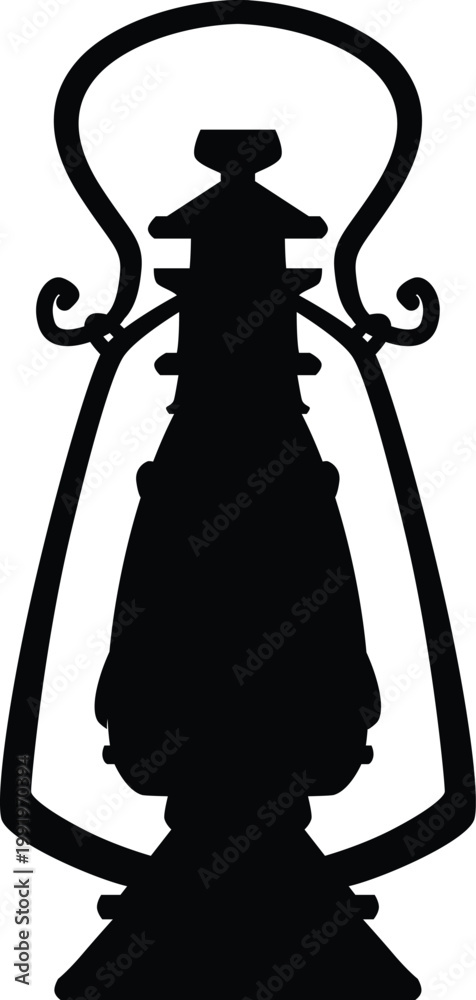 Fototapeta premium Vintage magic lantern black silhouette vector icon, cartoon antique hanging holder with handle, medieval kerosene lamp