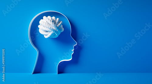 Fotografija 3D silhouette of a head with white tangled knot inside symbolizing mental comple