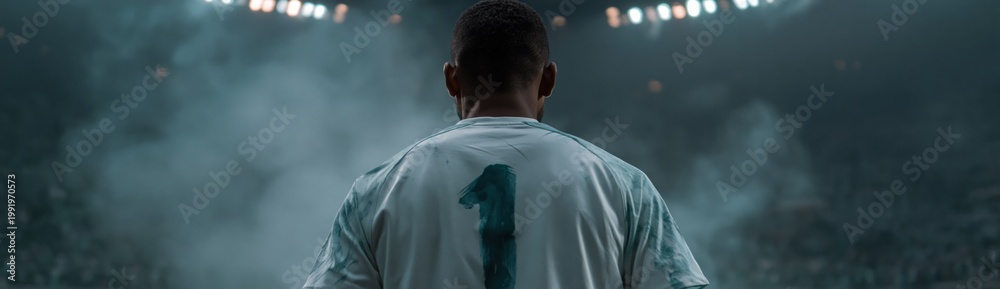 Fototapeta premium Soccer goalkeeper standing facing smoky stadium floodlights