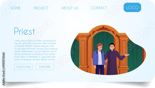 Priest talking to parishioner in church or chapel landing page promotion vector flat design, Christian religious service