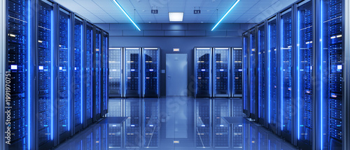 Server racks in server room data center - Cloud Computing, Artificial Intelligence, Database Concept - 3d illustration