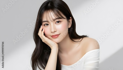 ロングヘアのモデル女性の自然光美容ポートレート