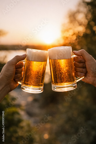 Hands holding beer mugs clinking at sunset, golden hour light, outdoor celebration, friendship and leisure concept, refreshing drink with foam and bubbles.