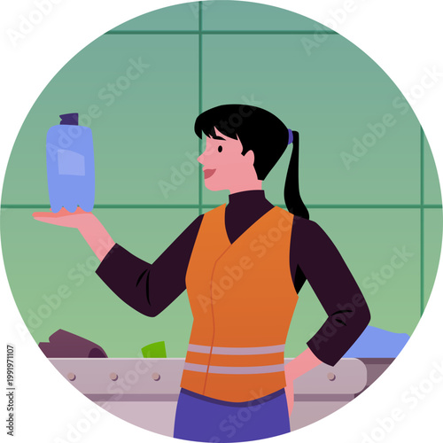 Plastic waste recycling factory process, woman sorting garbage, waste trash recycling assembly line in round frame