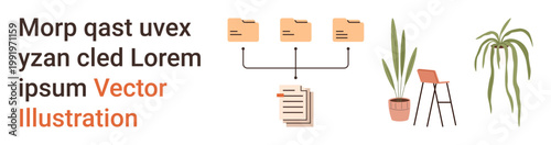 Data management, organization tools, work productivity, file sharing, minimal workspace, tech solutions. Organized files connecting to documents with potted plants and chair. Data management