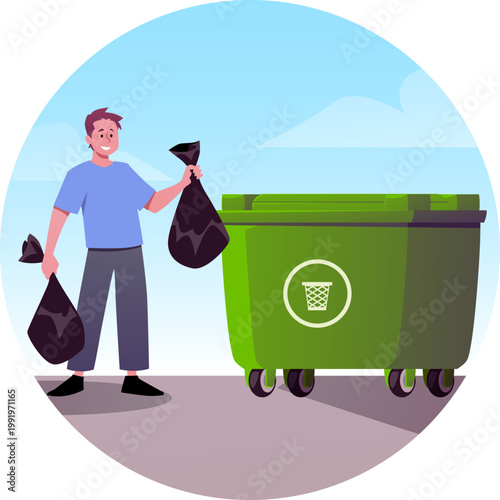 Young man throwing garbage bags in green waste bin, trash can, ECO lifestyle, recycle ecological vector in round frame