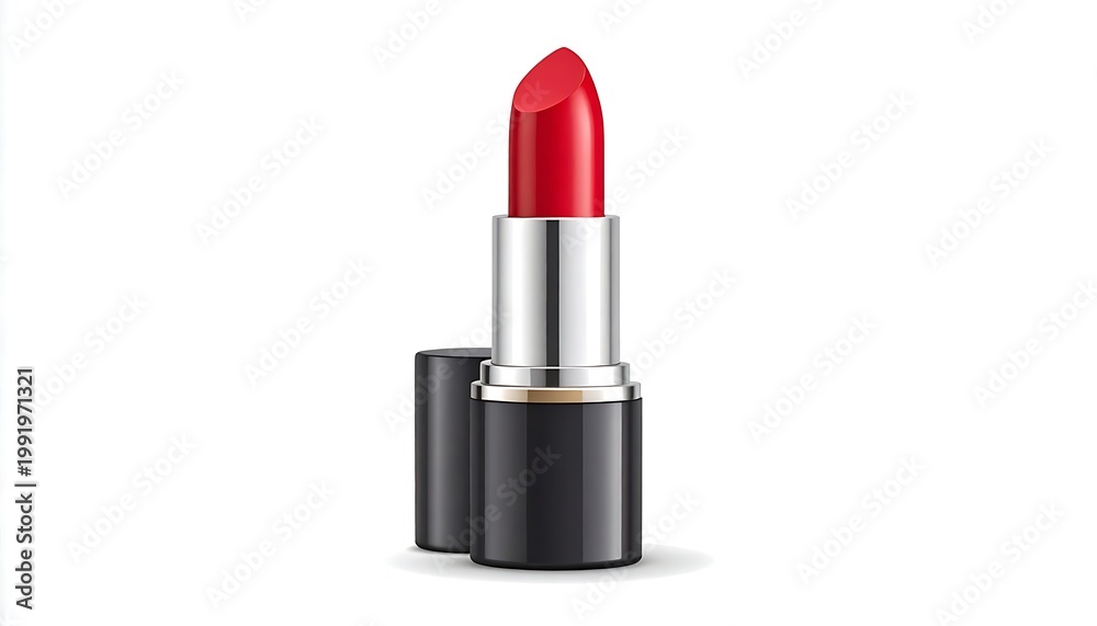 Fototapeta premium A vibrant, opened red lipstick sits on a white background with a detached black cap. The shiny metal barrel reflects light