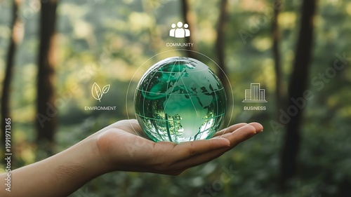 A conceptual representation of sustainable global development through environment and community.
