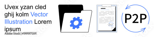 File sharing, data exchange, cloud computing, workflow automation, digital communication, efficiency enhancement. A folder with a gear, document and P2P icon. File sharing and data exchange