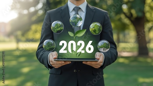 A businessman holding a digital tablet displaying the year 2026 with icons of nature and ecology.