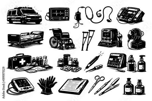 Collection of medical equipment and devices including ambulance and hospital gear.