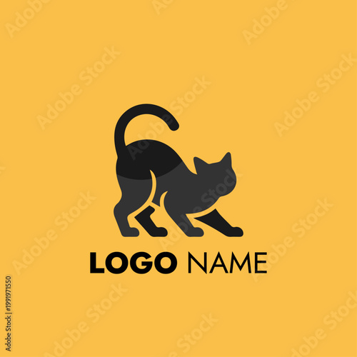 Black cat logo design, minimalist feline pet silhouette icon on yellow background vector