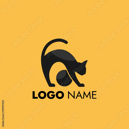 Playful cat logo design, black feline silhouette playing with ball icon on yellow background vector