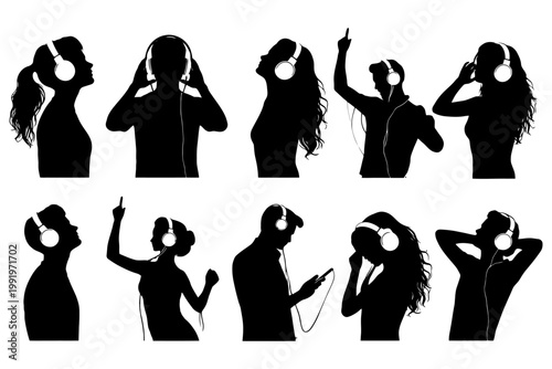 Silhouette collection of diverse people enjoying music with headphones.
