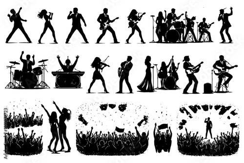 Silhouettes of musicians and dancers performing at a concert.