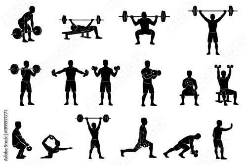 Silhouettes of male athletes performing weightlifting and fitness exercises.