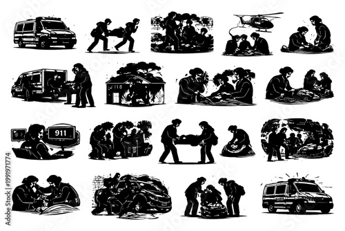 Emergency response scenes with rescuers, ambulance, and helicopter.