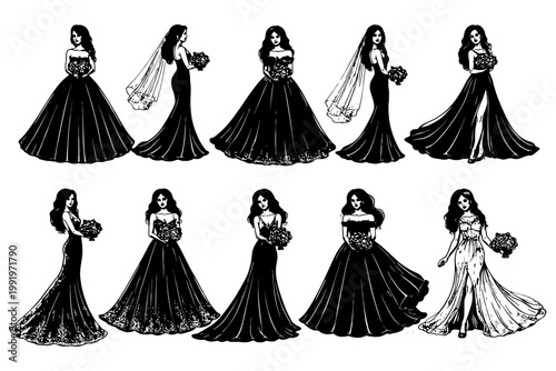 Elegant female brides in black wedding gowns with bouquets and veils.