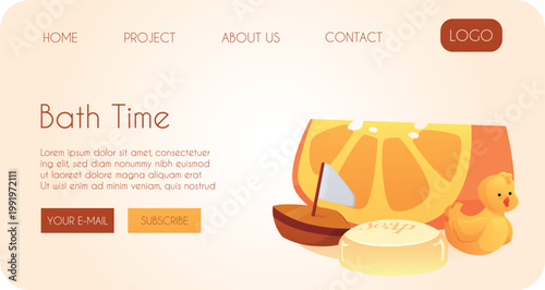 A website page with an orange slice, a boat, a rubber duck, soap, and the words "bath time."