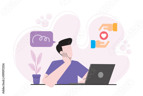 Illustration of a man using laptop with chat bubble and donation symbol. Concept of customer support, communication and digital charity services in modern online platforms.