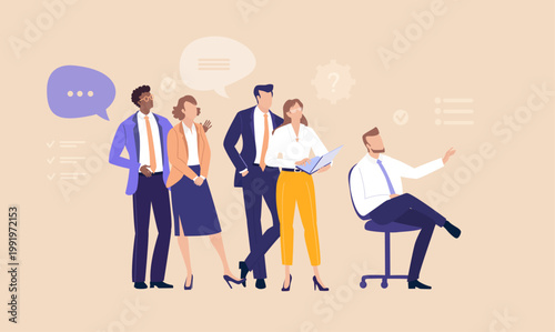 Group, team of business professionals looking with interest  to the one direction, to the right.