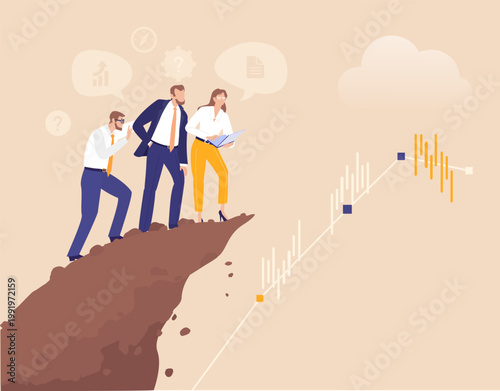 A business people on the edge of a cliff looking down, symbolizing risk, contemplation, uncertainty, strategic thinking, and decision making in challenging business situations.

