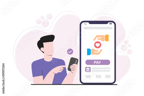 Flat illustration of a man using a smartphone to make a digital donation via mobile app. Concept of online charity, fintech payment and cashless transaction with secure confirmation.