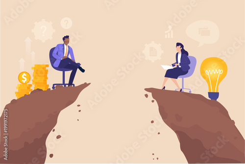 A business people on the edge of a cliff having a meeting, negotiating a deal, symbolizing risk, contemplation, uncertainty, strategic thinking, and decision making in challenging business situations.