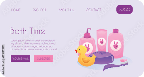 Kids cosmetics products for health care and hygiene procedures, vector flat landing page design Baby newborns bath time