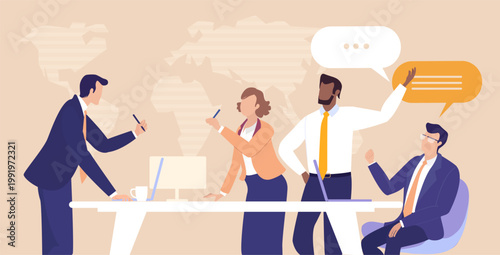  A group of business professionals engaged in conversation and information sharing during the meeting, representing communication, teamwork, collaboration, networking, and knowledge exchange
