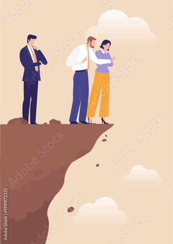 A business people on the edge of a cliff looking down, symbolizing risk, contemplation, uncertainty, strategic thinking, and decision making in challenging business situations.
