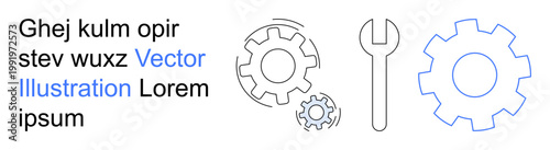 Engineering tools, mechanical solutions, industrial design, machine technology, repair services, technical illustration. Outline of gears and wrench. Engineering tools and mechanical solutions
