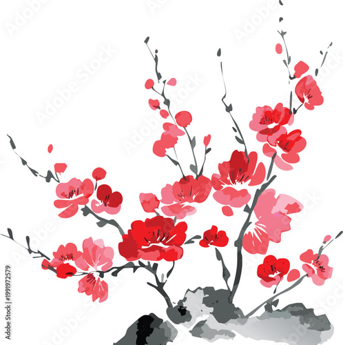 Japanese asian style watercolor painting of red blossom poppy field, brush strokes transparent vector digital illustration of botanical flowers floral drawing chinese ink wash gouache graphic flat png