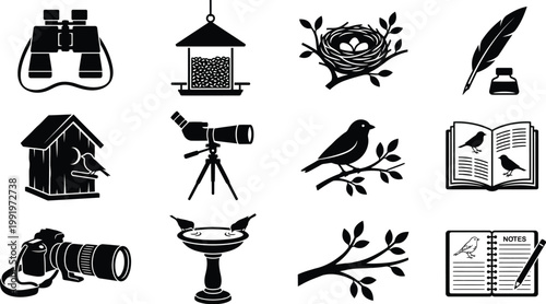 Bird watching and nature exploration flat design vector illustration