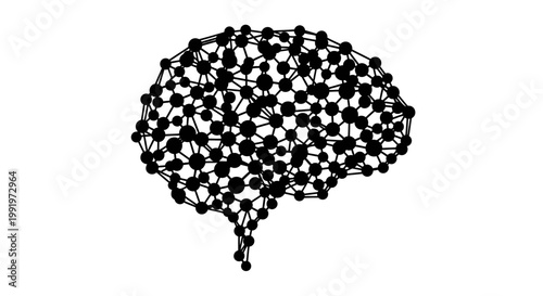 A black vector graphic illustration of a brain made up of connected dots and lines on a white background