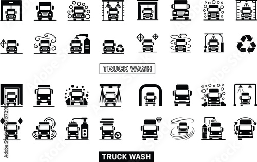Truck wash icons and graphics - car care and transportation set with heavy duty