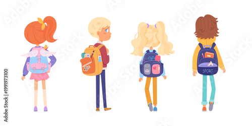 Back view of student with backpack heading to school. Adorable cartoon boy and girl characters carrying bags, ideal for educational designs, friendship themes, and study materials.