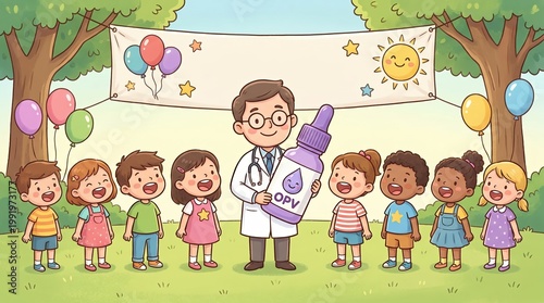 OPV Vaccine Dose Concept, Public Health Vaccination Campaign, Happy Children with Doctor in Colorful Cartoon Scene