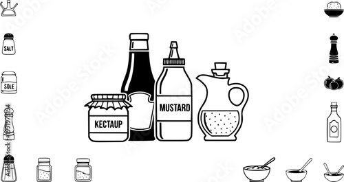 Sauce bottles icon black and white vector illustration line icon vector pictogram – Black and White Vector Illustration