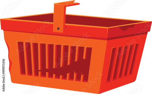 Old orange empty shopping basket flat vector, cartoon grocery market broken plastic box container with damaged handles
