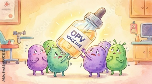 OPV Vaccine Dose Concept, Public Health Vaccination Campaign, Cartoon Characters Celebrating Vaccine Discovery