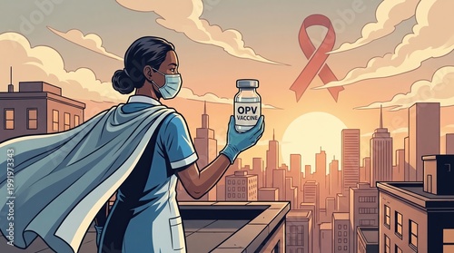 OPV Vaccine Dose Concept, Public Health Vaccination Campaign, Heroic Nurse at Sunset with Vaccine in Hand